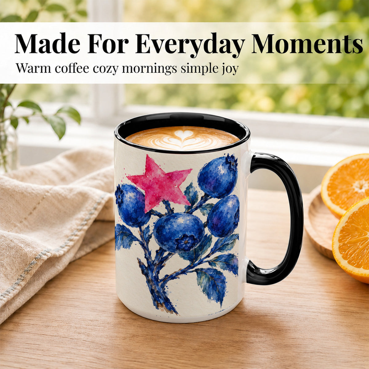 #pl[15oz|Black] Watercolor Blueberry Coffee Mug, Pink Star Berry Mug, Ceramic Cup