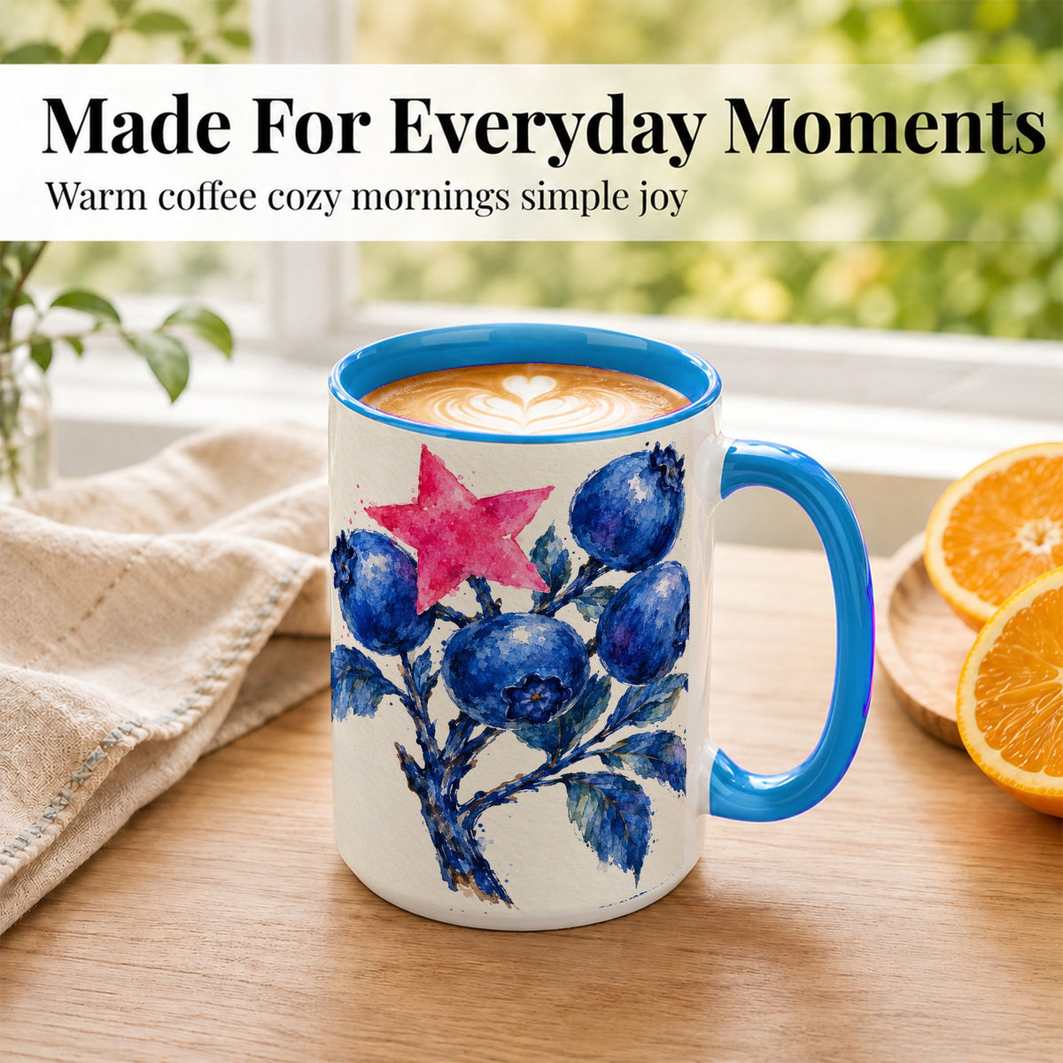 #pl[15oz|Blue] Watercolor Blueberry Coffee Mug, Pink Star Berry Mug, Ceramic Cup