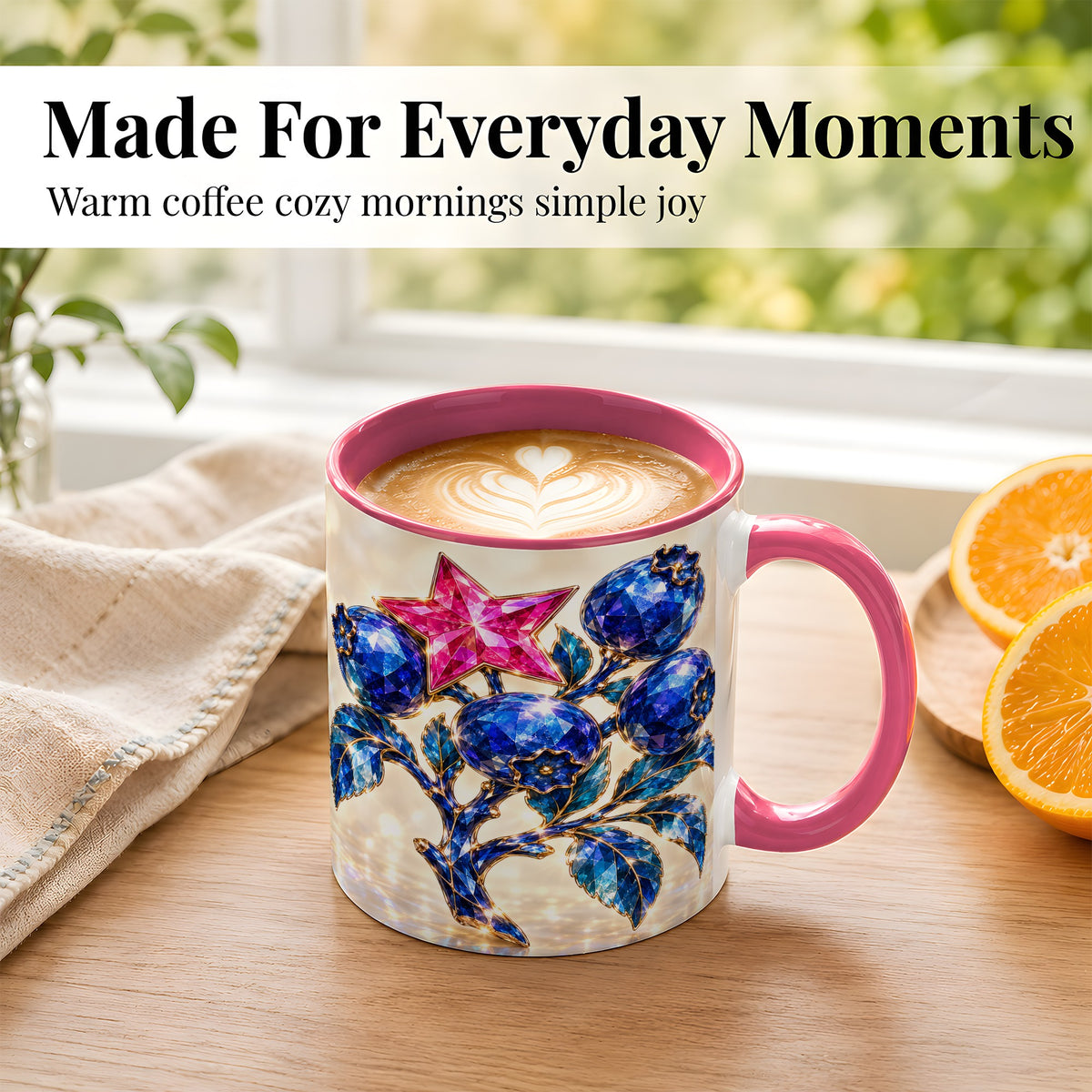 #pl[11oz|Pink] Crystal Blueberry Coffee Mug, Pink Star Mug, Ceramic Cup