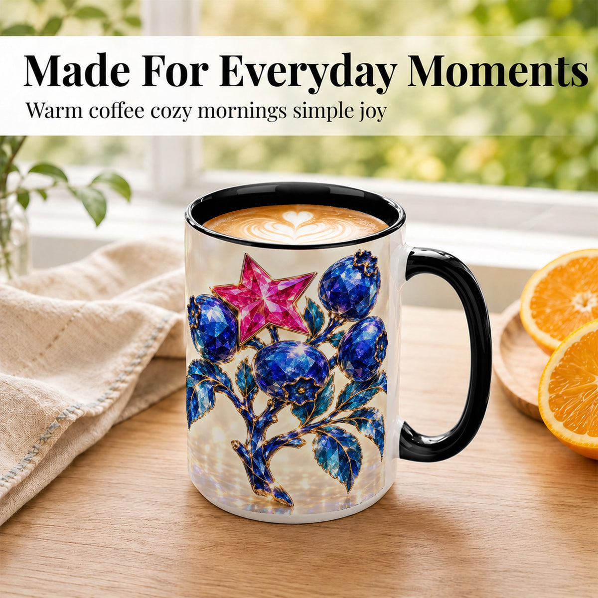 #pl[15oz|Black] Crystal Blueberry Coffee Mug, Pink Star Mug, Ceramic Cup