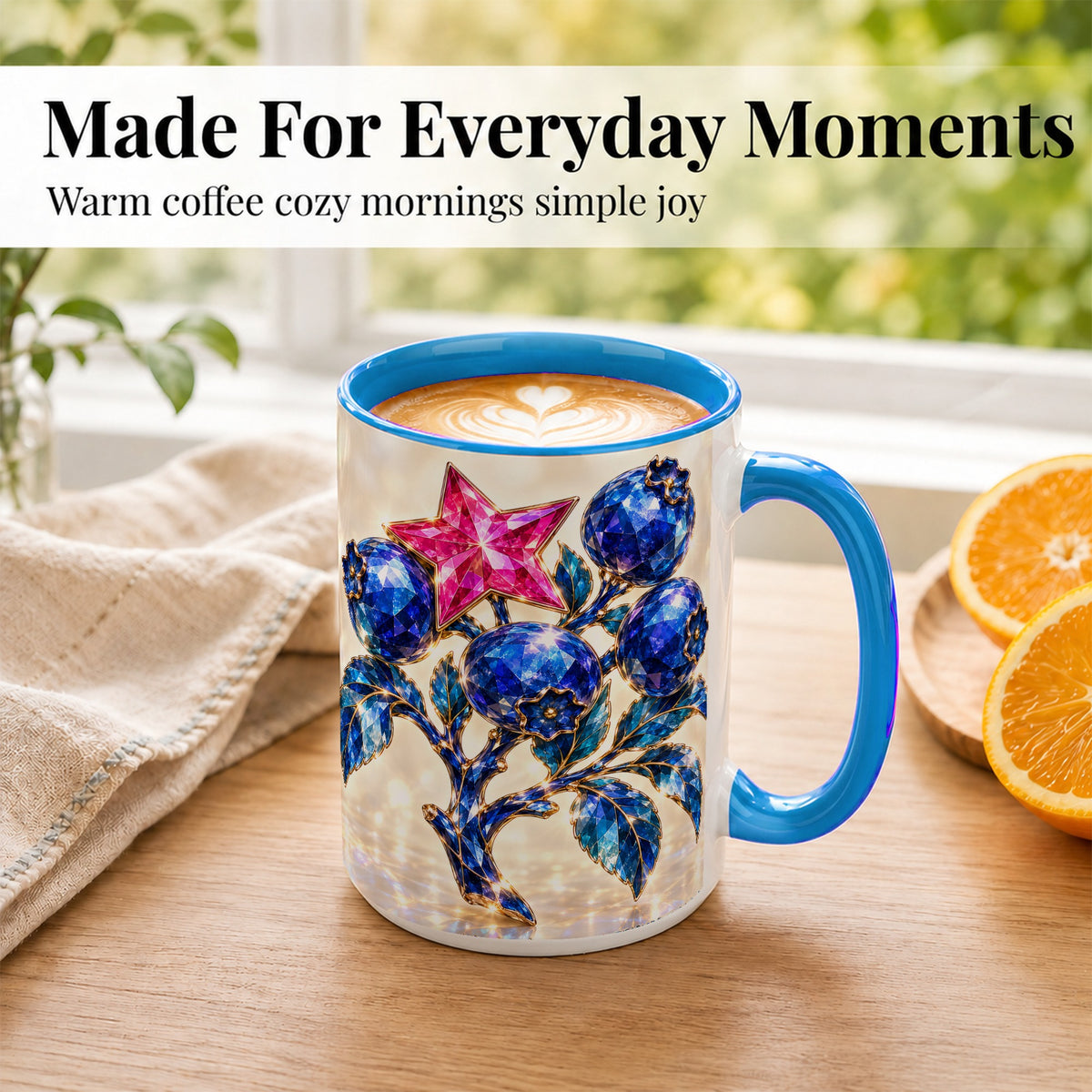 #pl[15oz|Blue] Crystal Blueberry Coffee Mug, Pink Star Mug, Ceramic Cup