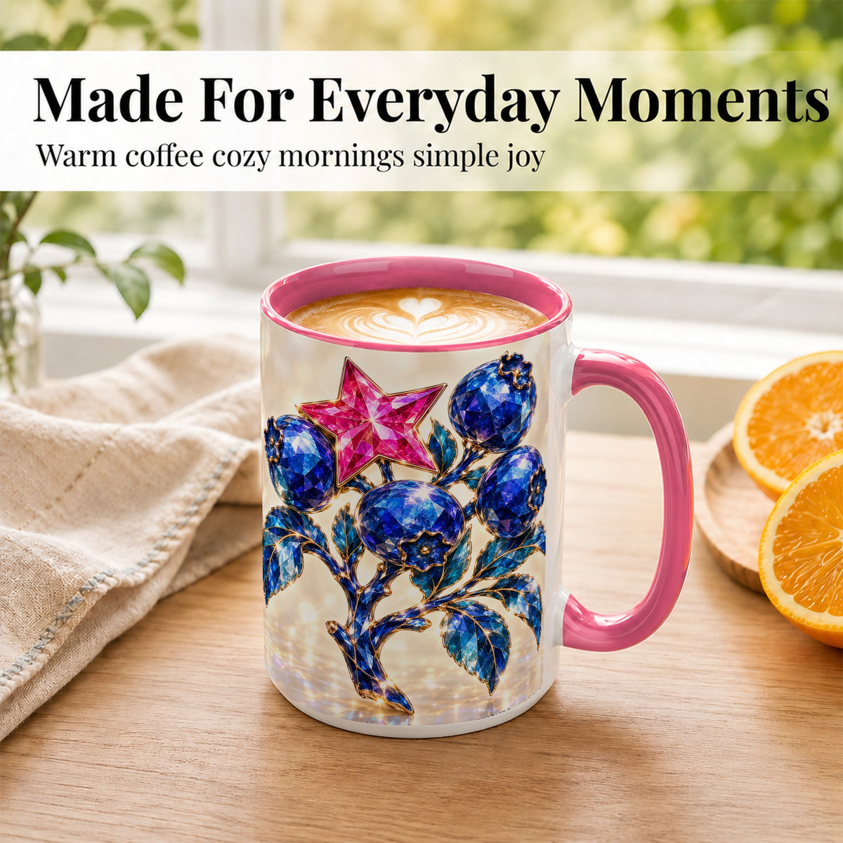 #pl[15oz|Pink] Crystal Blueberry Coffee Mug, Pink Star Mug, Ceramic Cup