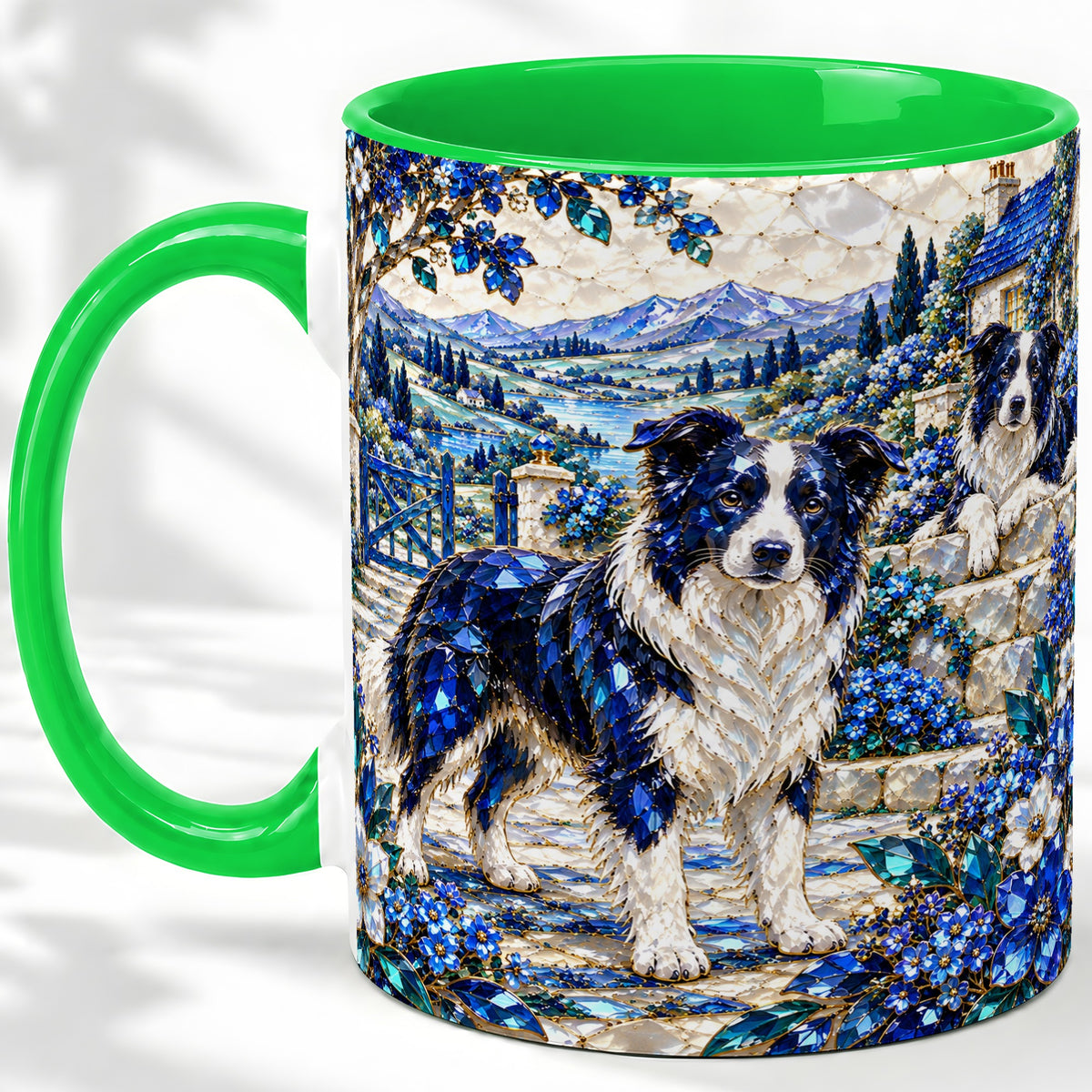 #pl[11oz|Green] Border Collie Blue Gem Floral Art Ceramic Mug for Dog Lovers