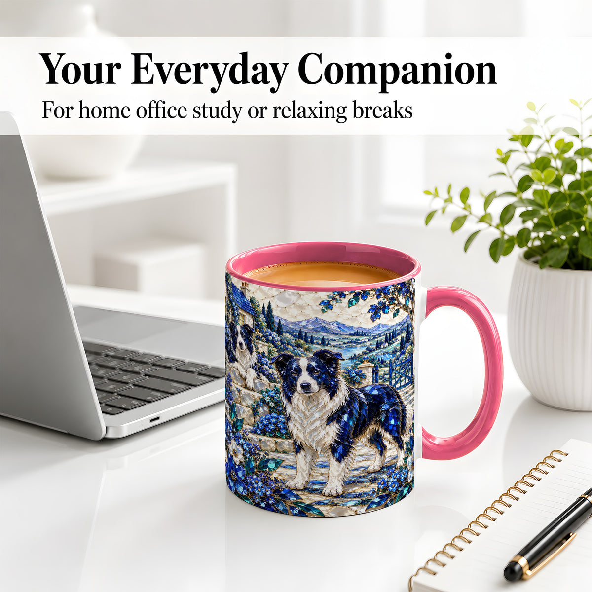 #pl[11oz|Pink] Border Collie Blue Gem Floral Art Ceramic Mug for Dog Lovers