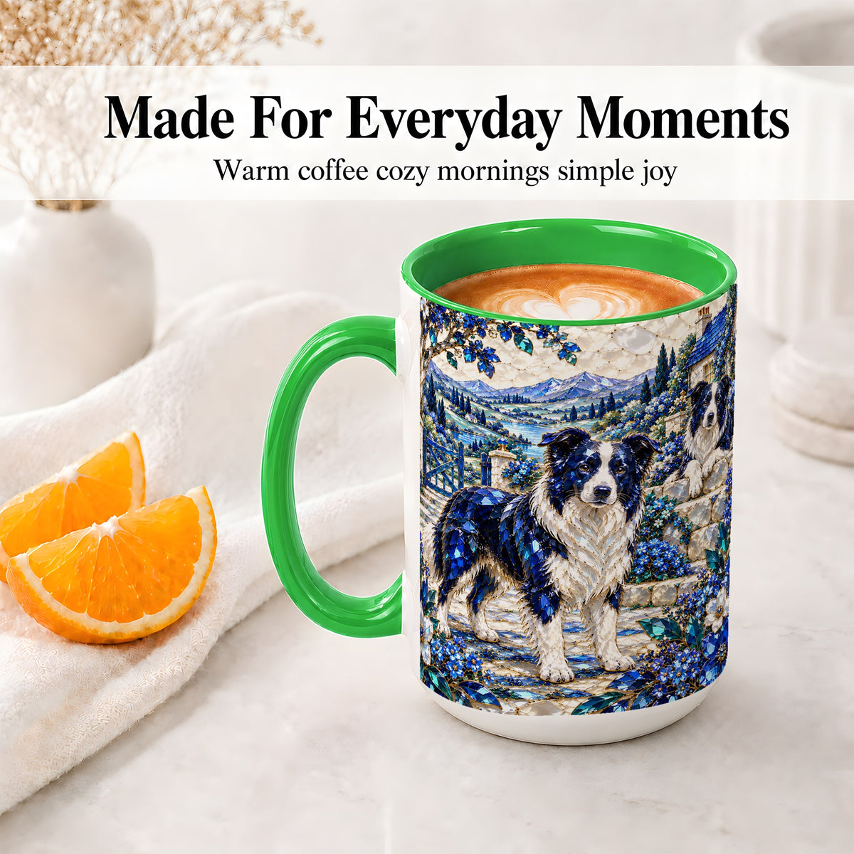 #pl[15oz|Green] Border Collie Blue Gem Floral Art Ceramic Mug for Dog Lovers