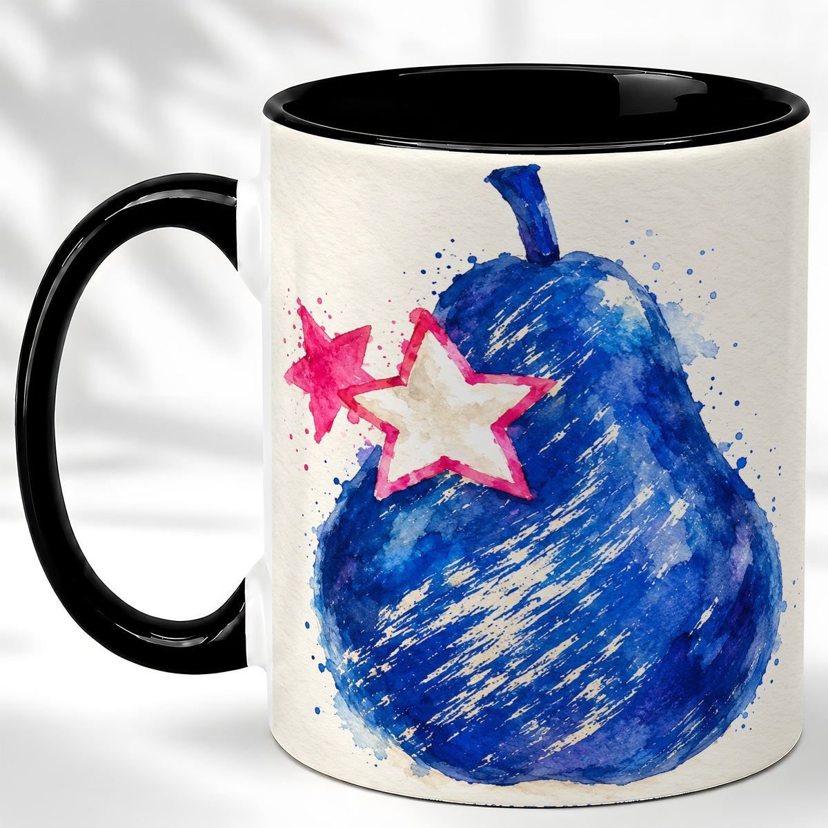 #pl[11oz|Black] Blue Watercolor Pear Coffee Mug, Pink Stars Mug, Ceramic Cup