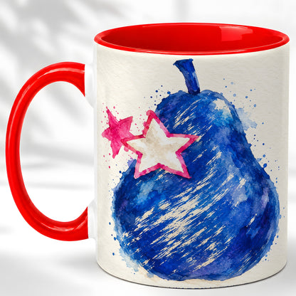 Blue Watercolor Pear Coffee Mug, Pink Stars Mug, Ceramic Cup
