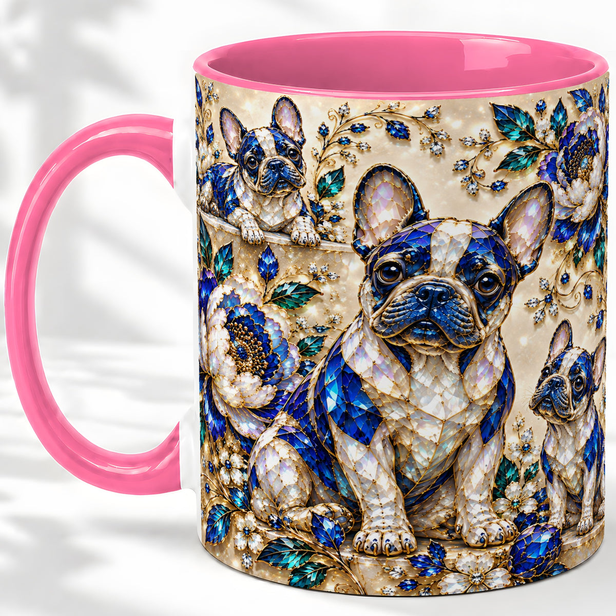#pl[11oz|Pink] French Bulldog Blue Gem Floral Art Ceramic Mug for Dog Lovers
