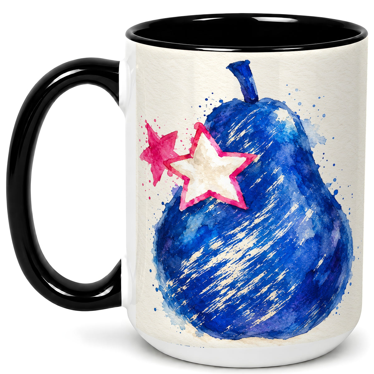 #pl[15oz|Black] Blue Watercolor Pear Coffee Mug, Pink Stars Mug, Ceramic Cup