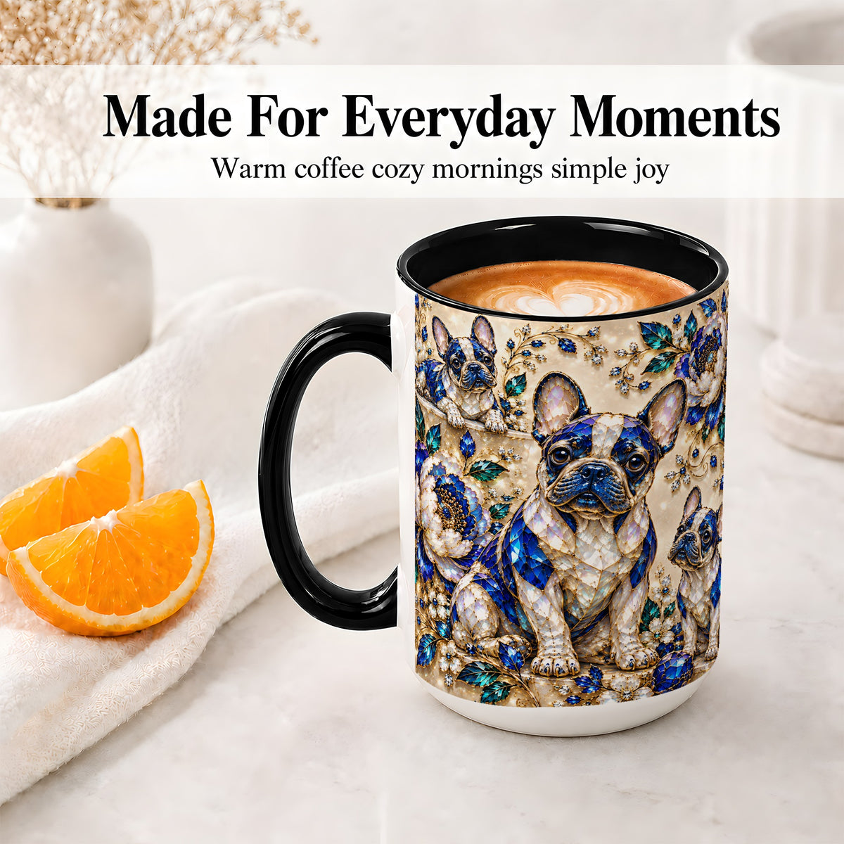 #pl[15oz|Black] French Bulldog Blue Gem Floral Art Ceramic Mug for Dog Lovers