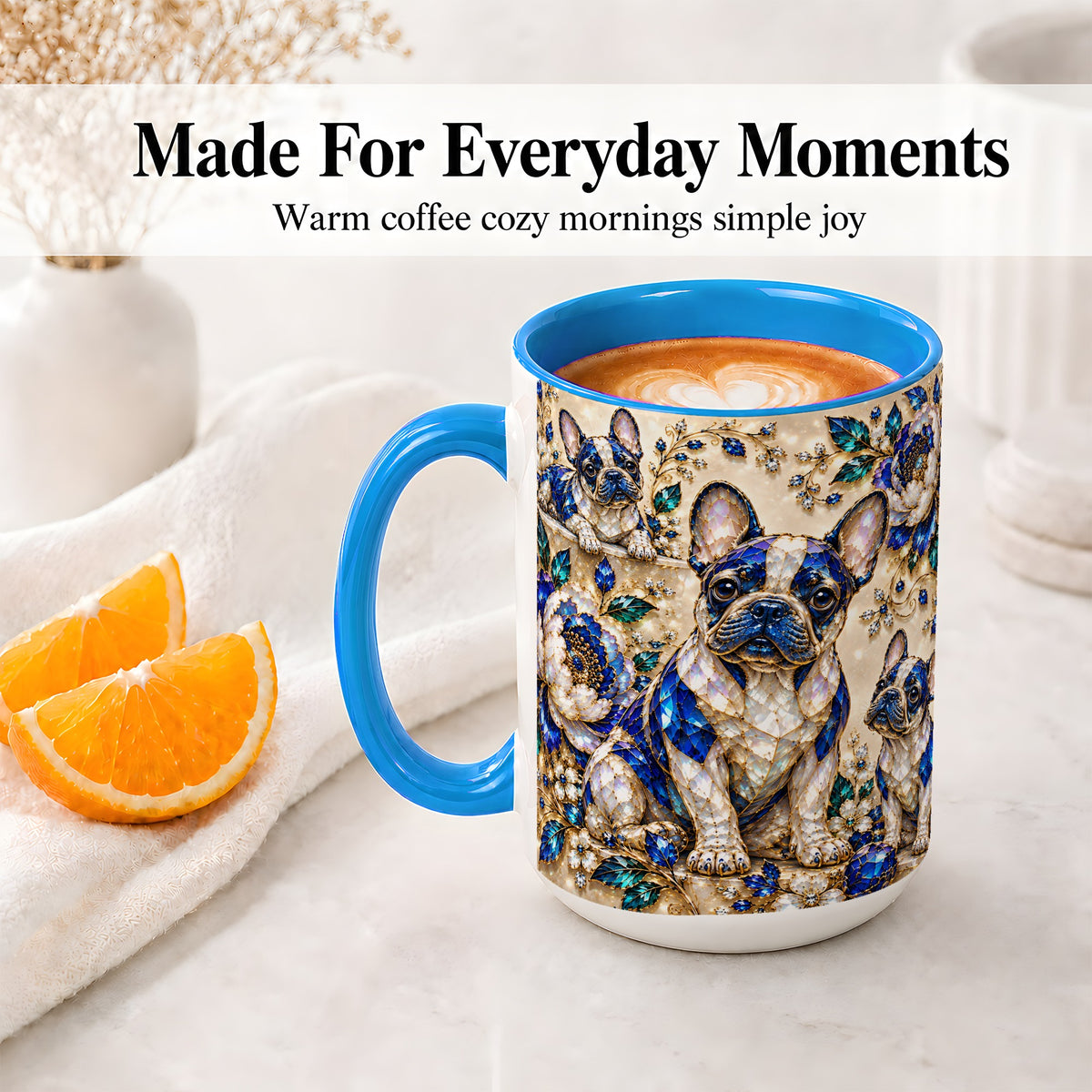 #pl[15oz|Blue] French Bulldog Blue Gem Floral Art Ceramic Mug for Dog Lovers
