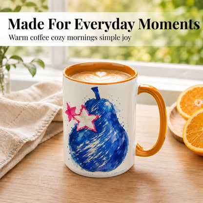 #pl[15oz|Orange] Blue Watercolor Pear Coffee Mug, Pink Stars Mug, Ceramic Cup
