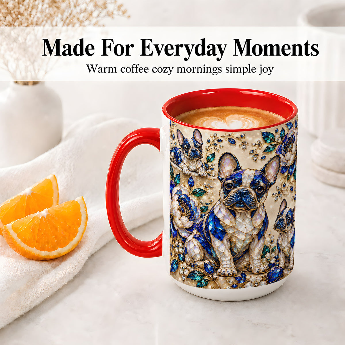 #pl[15oz|Red] French Bulldog Blue Gem Floral Art Ceramic Mug for Dog Lovers