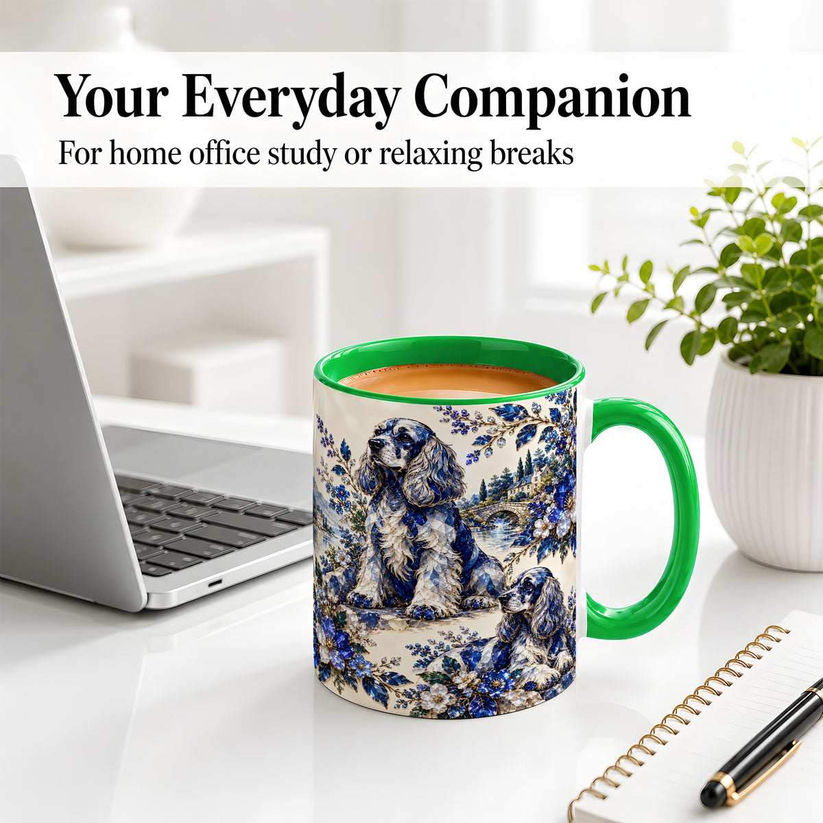 #pl[11oz|Green] Cocker Spaniel Blue Gem Floral Art Ceramic Mug for Dog Lovers