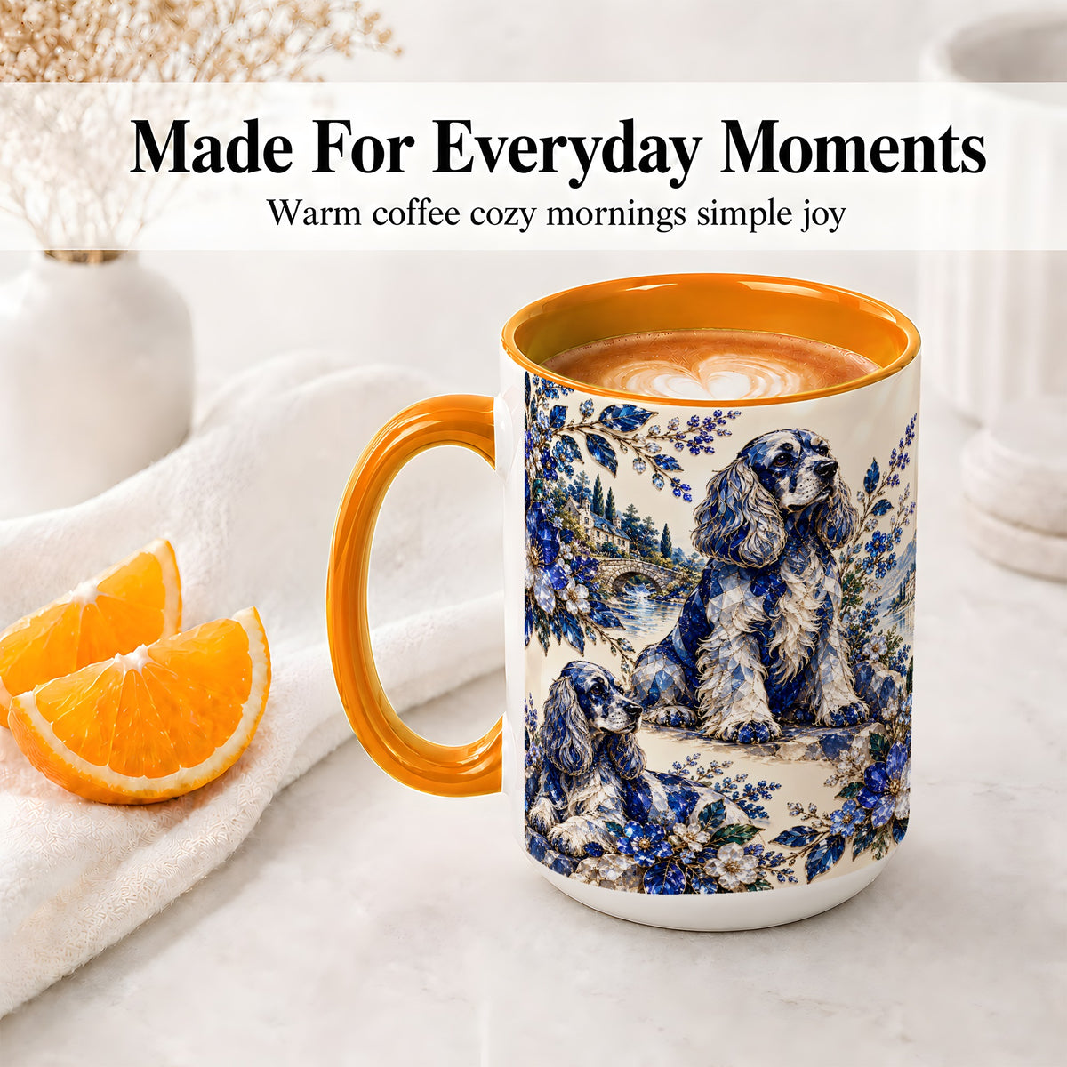 #pl[15oz|Orange] Cocker Spaniel Blue Gem Floral Art Ceramic Mug for Dog Lovers
