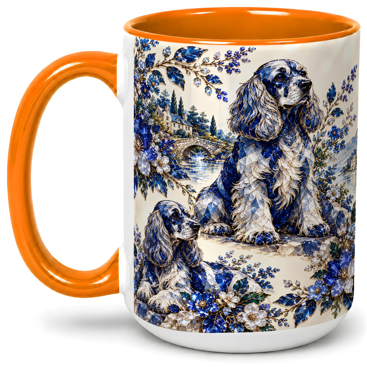#pl[15oz|Orange] Cocker Spaniel Blue Gem Floral Art Ceramic Mug for Dog Lovers