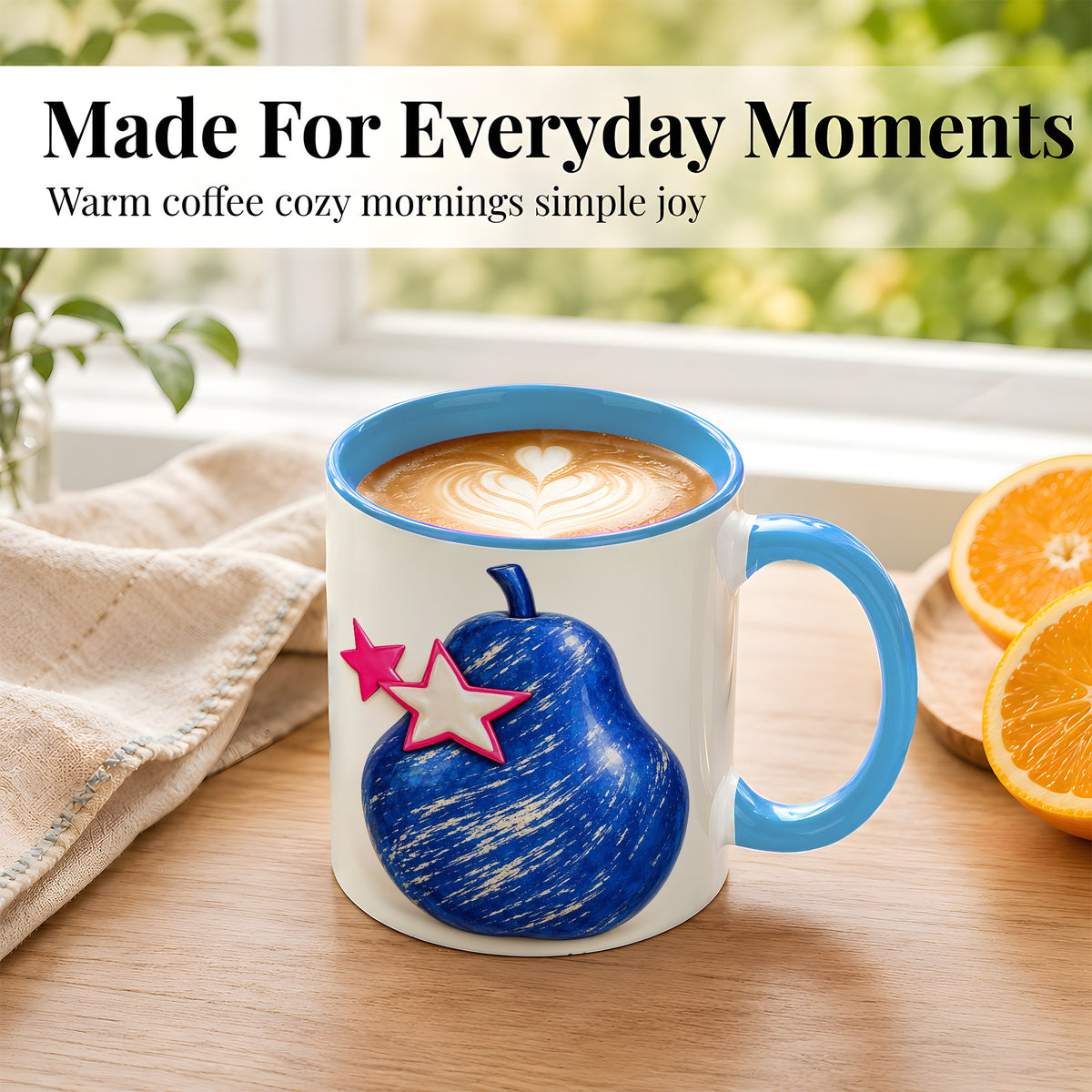 #pl[11oz|Blue] Blue Pear Coffee Mug, Pink Star Botanical Mug, Ceramic Cup