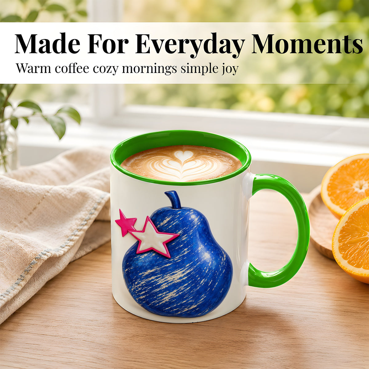 #pl[11oz|Green] Blue Pear Coffee Mug, Pink Star Botanical Mug, Ceramic Cup