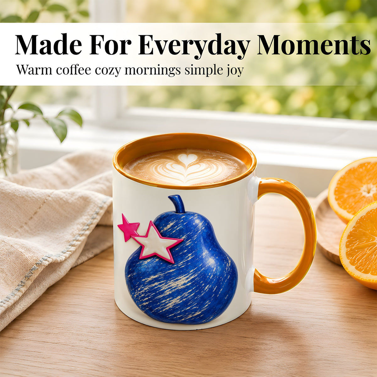 #pl[11oz|Orange] Blue Pear Coffee Mug, Pink Star Botanical Mug, Ceramic Cup