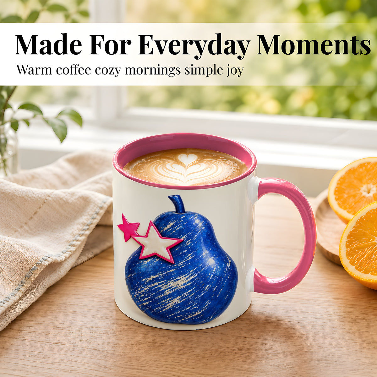 #pl[11oz|Pink] Blue Pear Coffee Mug, Pink Star Botanical Mug, Ceramic Cup