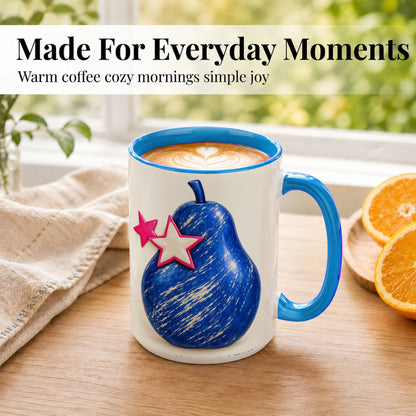 #pl[15oz|Blue] Blue Pear Coffee Mug, Pink Star Botanical Mug, Ceramic Cup