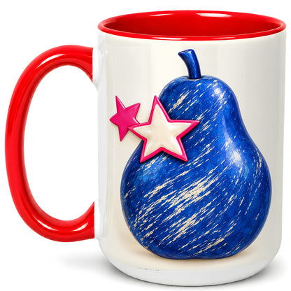 #pl[15oz|Red] Blue Pear Coffee Mug, Pink Star Botanical Mug, Ceramic Cup