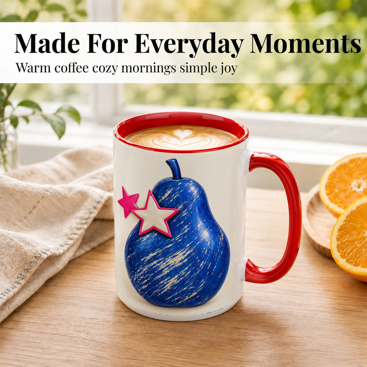 #pl[15oz|Red] Blue Pear Coffee Mug, Pink Star Botanical Mug, Ceramic Cup