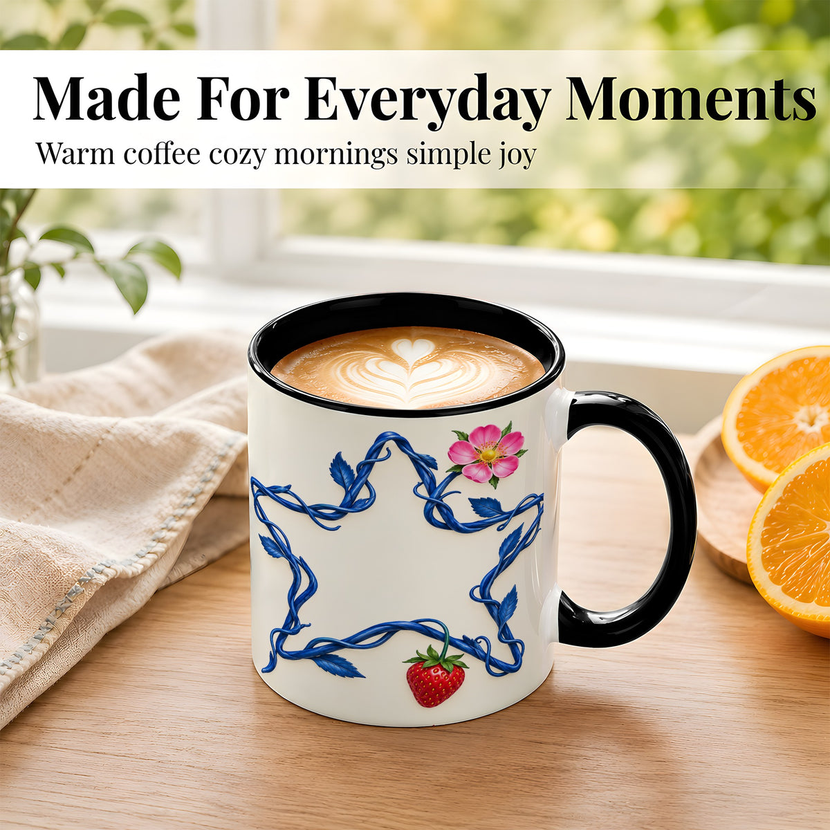 #pl[11oz|Black] Blue Botanical Star Coffee Mug, Strawberry Flower Mug, Ceramic Cup