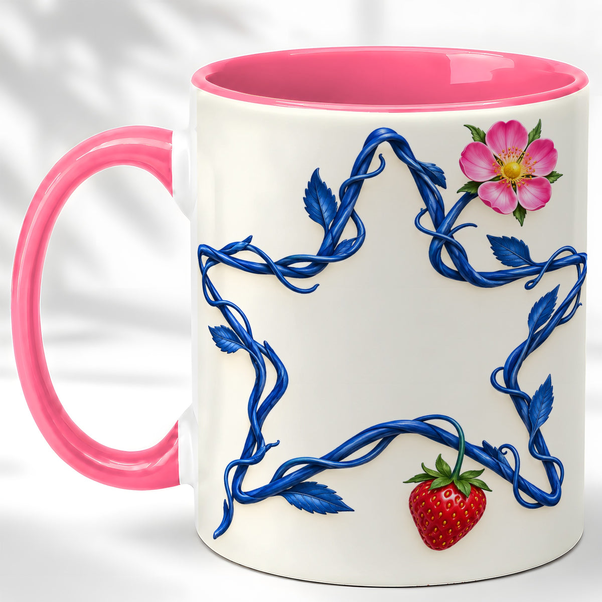 #pl[11oz|Pink] Blue Botanical Star Coffee Mug, Strawberry Flower Mug, Ceramic Cup