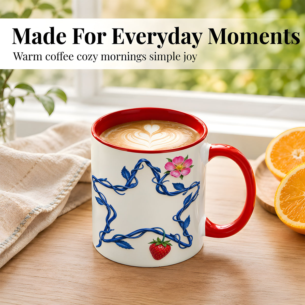 #pl[11oz|Red] Blue Botanical Star Coffee Mug, Strawberry Flower Mug, Ceramic Cup