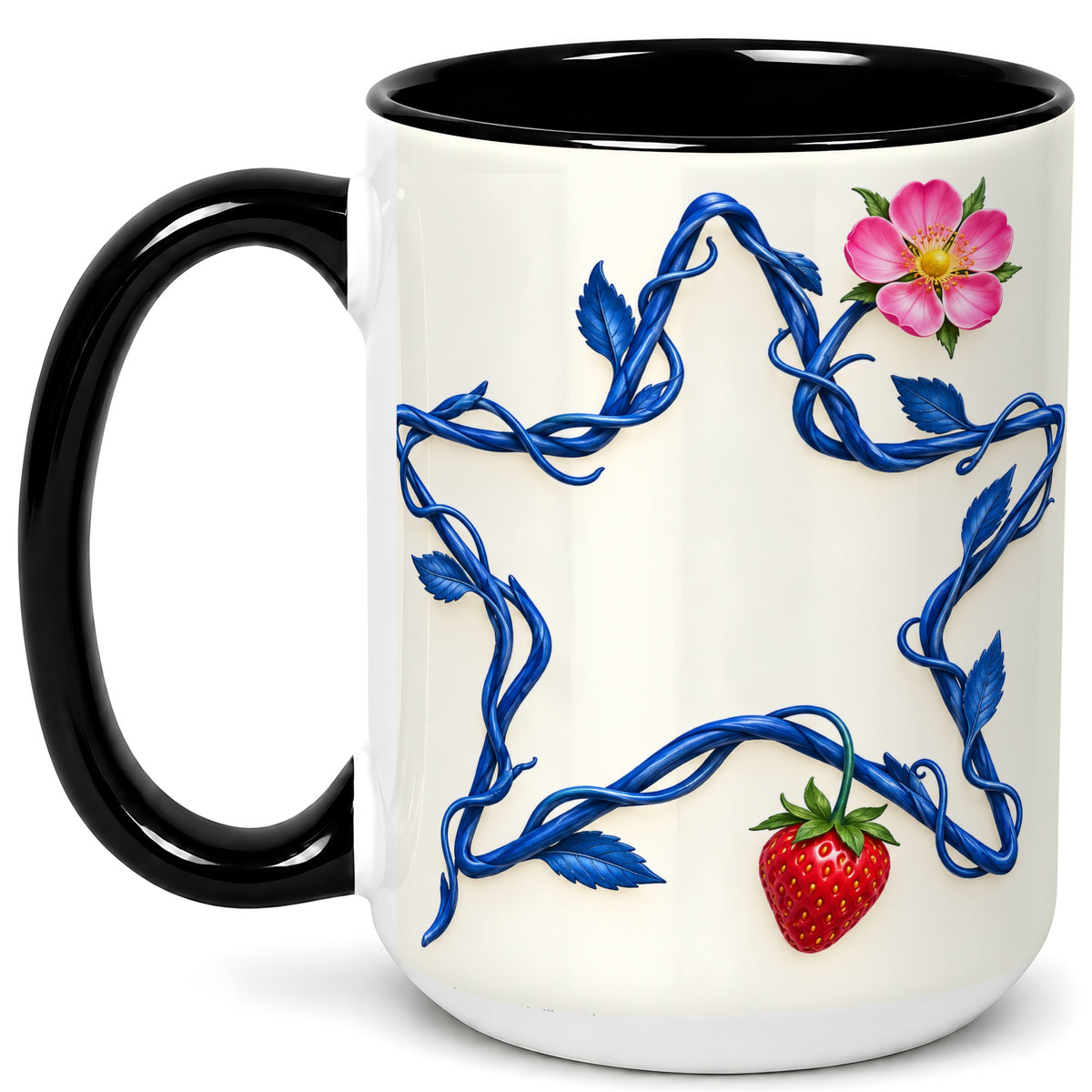 #pl[15oz|Black] Blue Botanical Star Coffee Mug, Strawberry Flower Mug, Ceramic Cup