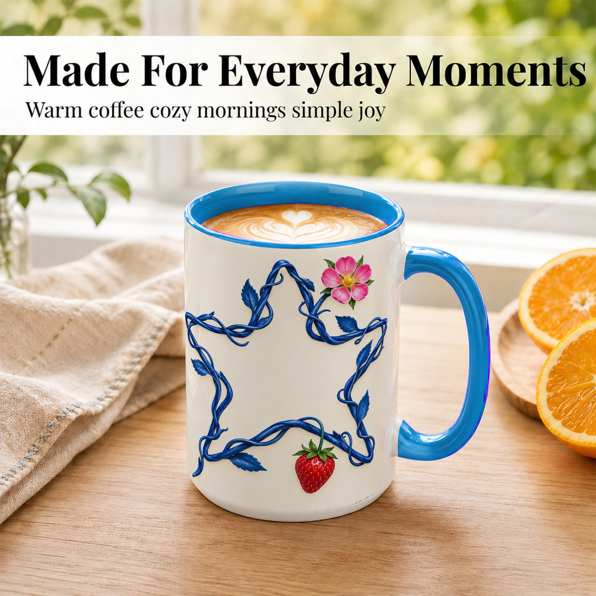 #pl[15oz|Blue] Blue Botanical Star Coffee Mug, Strawberry Flower Mug, Ceramic Cup