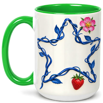 #pl[15oz|Green] Blue Botanical Star Coffee Mug, Strawberry Flower Mug, Ceramic Cup