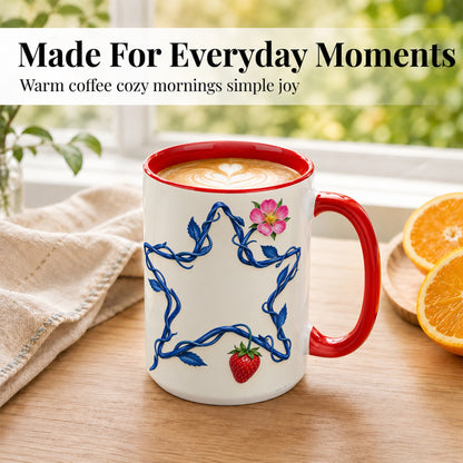 #pl[15oz|Red] Blue Botanical Star Coffee Mug, Strawberry Flower Mug, Ceramic Cup