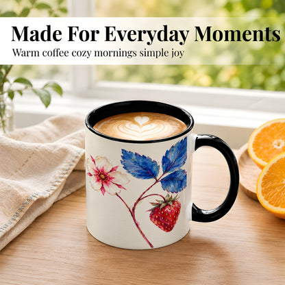 #pl[11oz|Black] Strawberry Botanical Coffee Mug, Blue Leaf Floral Mug, Ceramic Cup