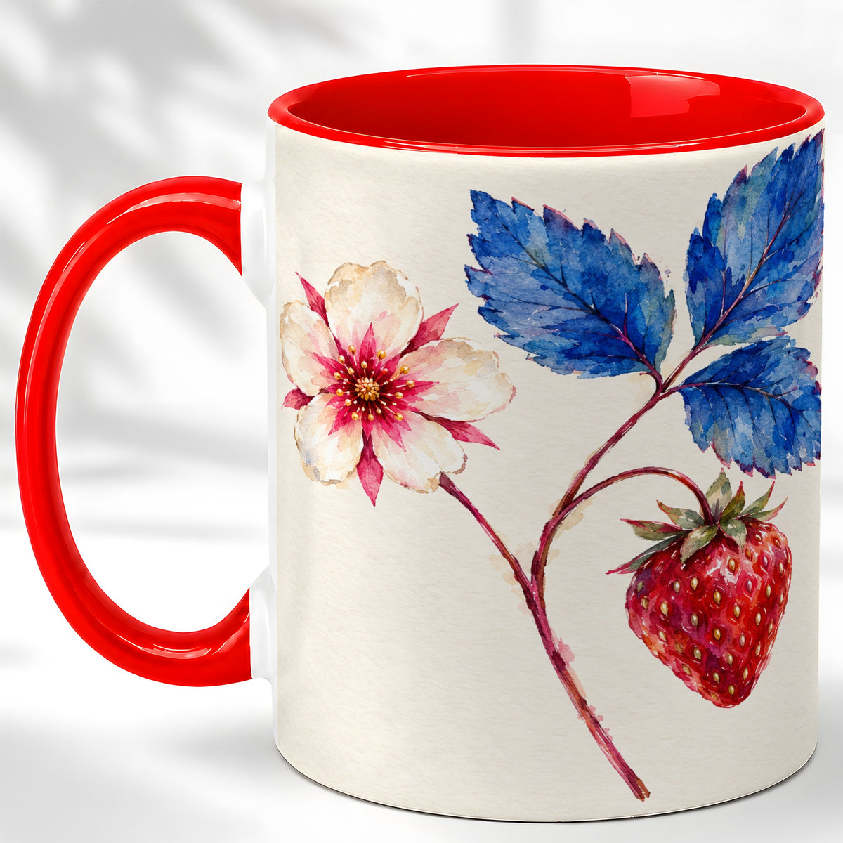 Strawberry Botanical Coffee Mug, Blue Leaf Floral Mug, Ceramic Cup