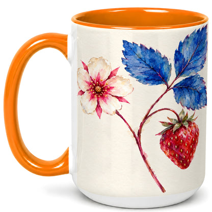 #pl[15oz|Orange] Strawberry Botanical Coffee Mug, Blue Leaf Floral Mug, Ceramic Cup
