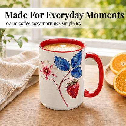 #pl[15oz|Red] Strawberry Botanical Coffee Mug, Blue Leaf Floral Mug, Ceramic Cup