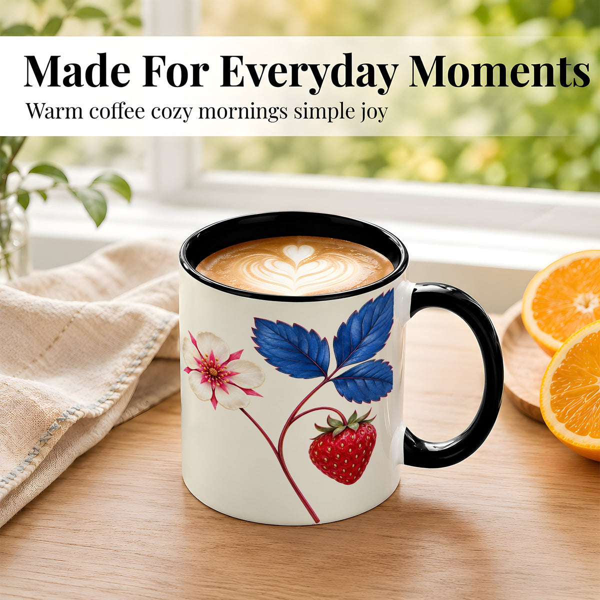 #pl[11oz|Black] Strawberry Blossom Coffee Mug, Blue Botanical Mug, Ceramic Cup
