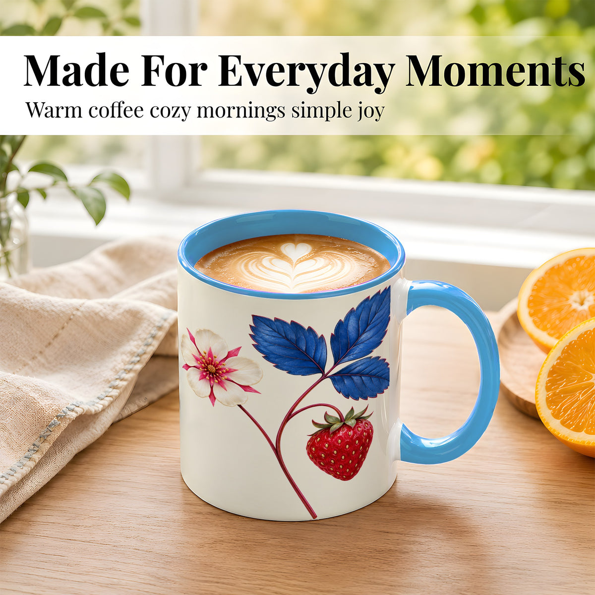 #pl[11oz|Blue] Strawberry Blossom Coffee Mug, Blue Botanical Mug, Ceramic Cup