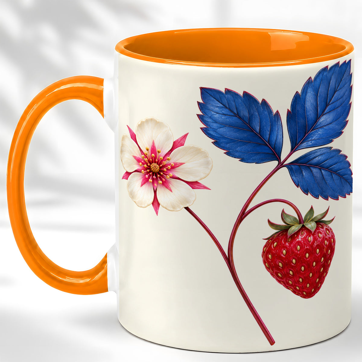 #pl[11oz|Orange] Strawberry Blossom Coffee Mug, Blue Botanical Mug, Ceramic Cup