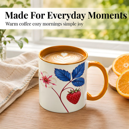 #pl[11oz|Orange] Strawberry Blossom Coffee Mug, Blue Botanical Mug, Ceramic Cup