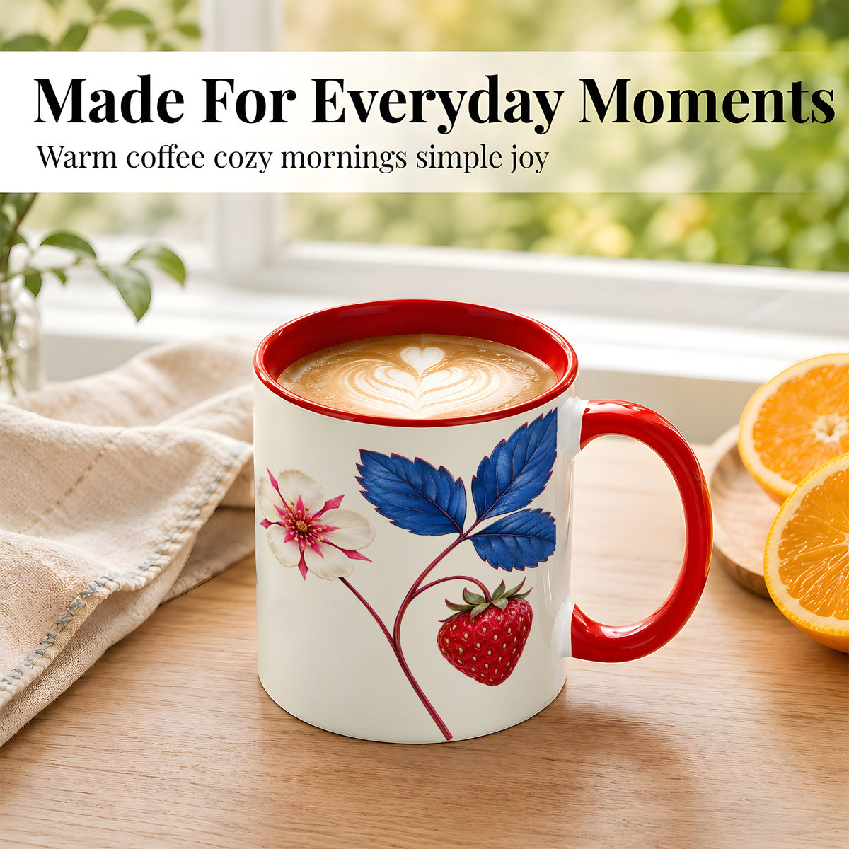 #pl[11oz|Red] Strawberry Blossom Coffee Mug, Blue Botanical Mug, Ceramic Cup