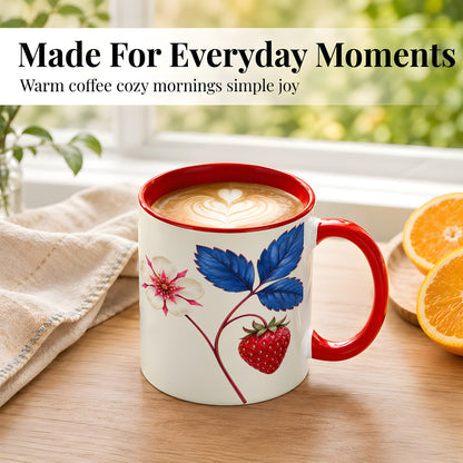 #pl[11oz|Red] Strawberry Blossom Coffee Mug, Blue Botanical Mug, Ceramic Cup