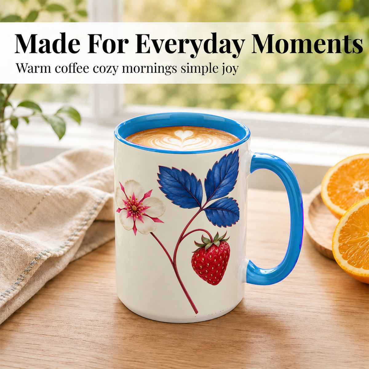 #pl[15oz|Blue] Strawberry Blossom Coffee Mug, Blue Botanical Mug, Ceramic Cup