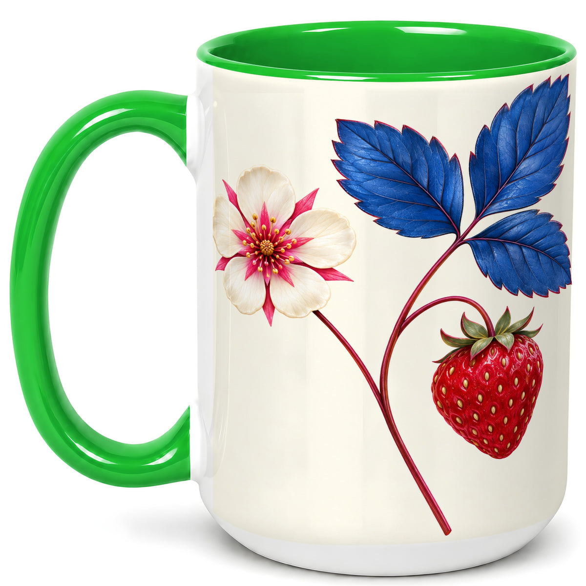 #pl[15oz|Green] Strawberry Blossom Coffee Mug, Blue Botanical Mug, Ceramic Cup