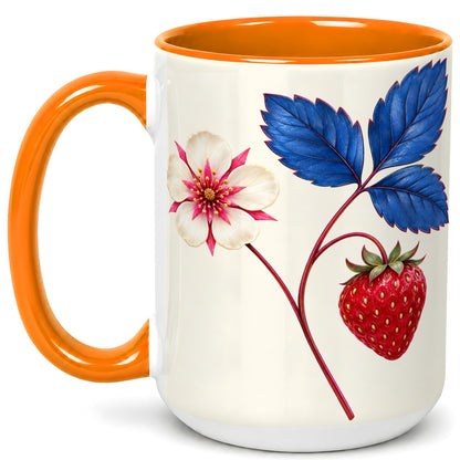 #pl[15oz|Orange] Strawberry Blossom Coffee Mug, Blue Botanical Mug, Ceramic Cup