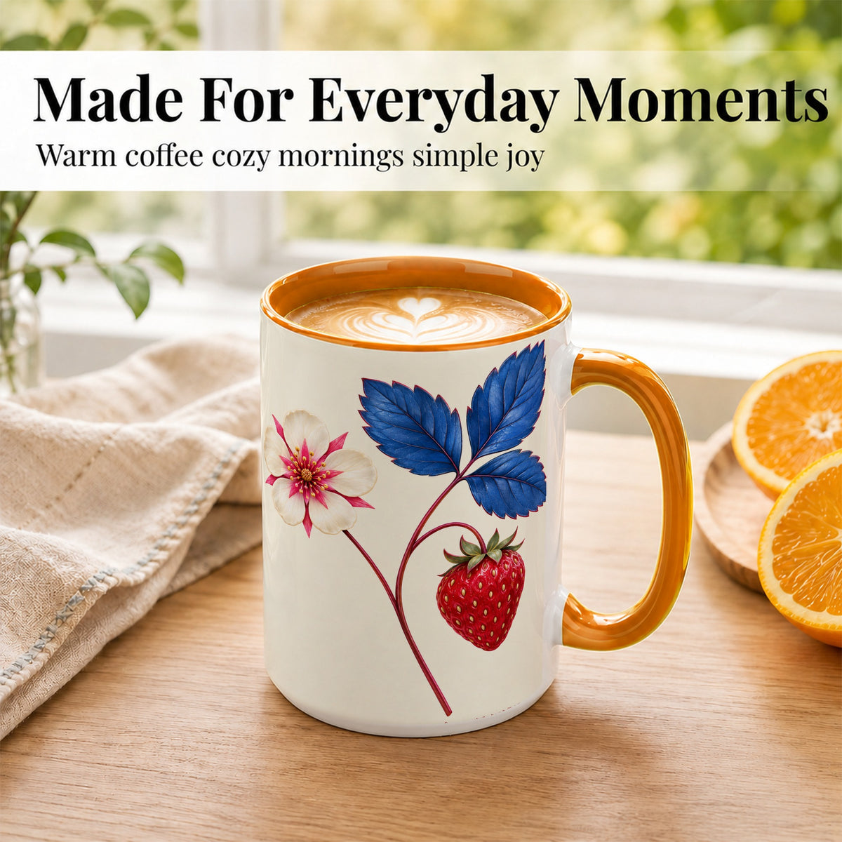 #pl[15oz|Orange] Strawberry Blossom Coffee Mug, Blue Botanical Mug, Ceramic Cup