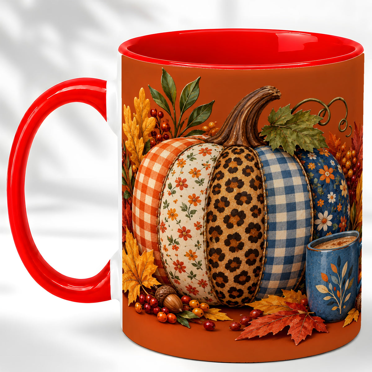 Patchwork Pumpkin Coffee Mug, Autumn Plaid Mug, Ceramic Cup