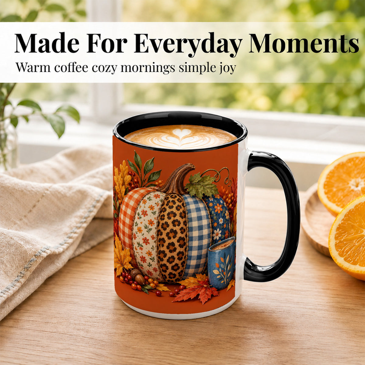 #pl[15oz|Black] Patchwork Pumpkin Coffee Mug, Autumn Plaid Mug, Ceramic Cup